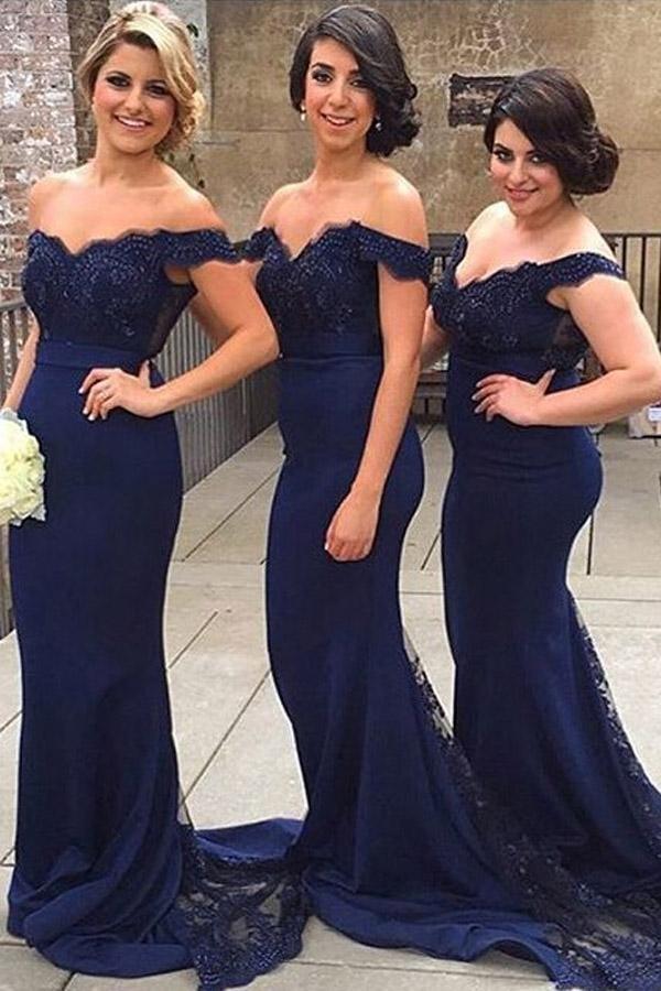 Mermaid Off-the-Shoulder Sweep Train Navy Blue Bridesmaid/Prom Dress