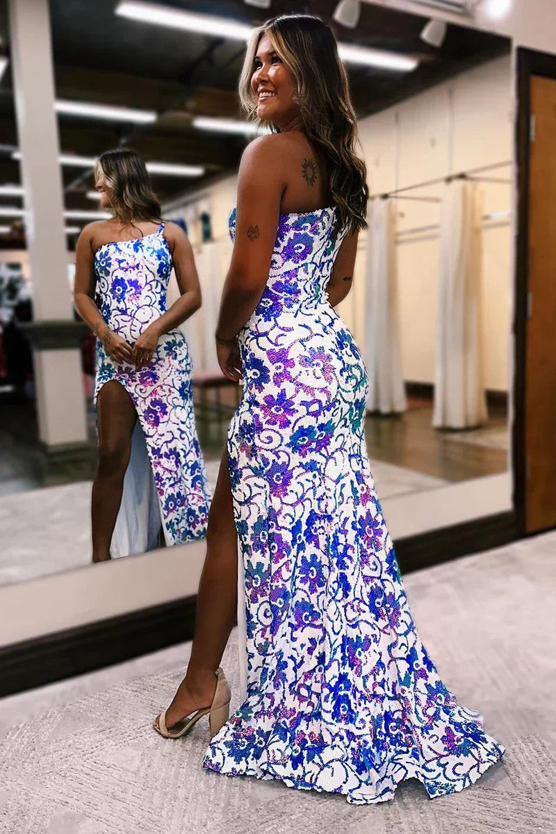 One Shoulder Sequin Appliques Long Prom Dresses with Slit