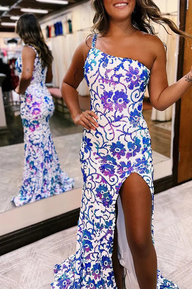 One Shoulder Sequin Appliques Long Prom Dresses with Slit