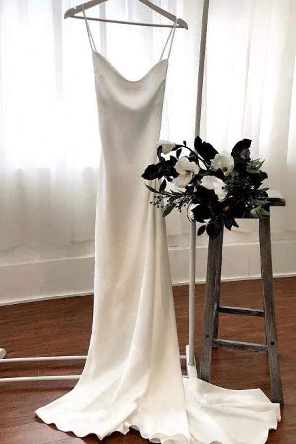 Mermaid Spaghetti Straps Backless Court Train White Wedding Dress