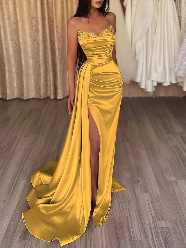 Meerjungfrauen-Abendkleid, sexy Kleid für Abschlussball oder Hof, ärmellos, trägerlos, aus Satin mit Schlitz, einfarbig