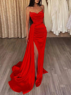 Meerjungfrauen-Abendkleid, sexy Kleid für Abschlussball oder Hof, ärmellos, trägerlos, aus Satin mit Schlitz, einfarbig