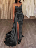 Meerjungfrauen-Abendkleid, sexy Kleid für Abschlussball oder Hof, ärmellos, trägerlos, aus Satin mit Schlitz, einfarbig