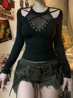 Mesh Hollow Sleeve Knit Top