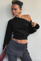 Minimalist Slim Asymmetrical Neck Long Sleeve Blouse