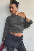 Minimalist Slim Asymmetrical Neck Long Sleeve Blouse