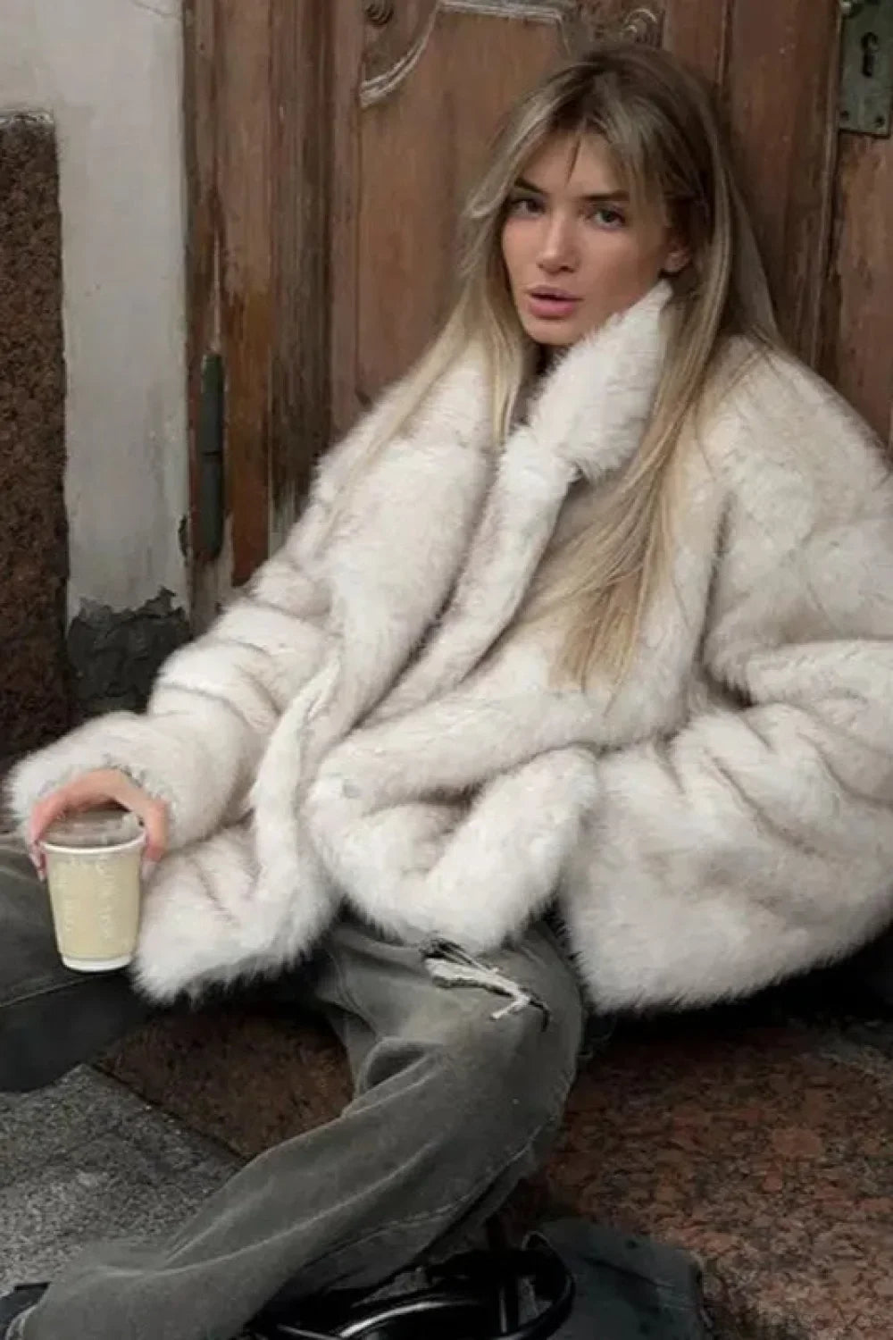 Minimalist Solid Color Plush Tip-Dyed Faux Fox Fur Oversized Coat