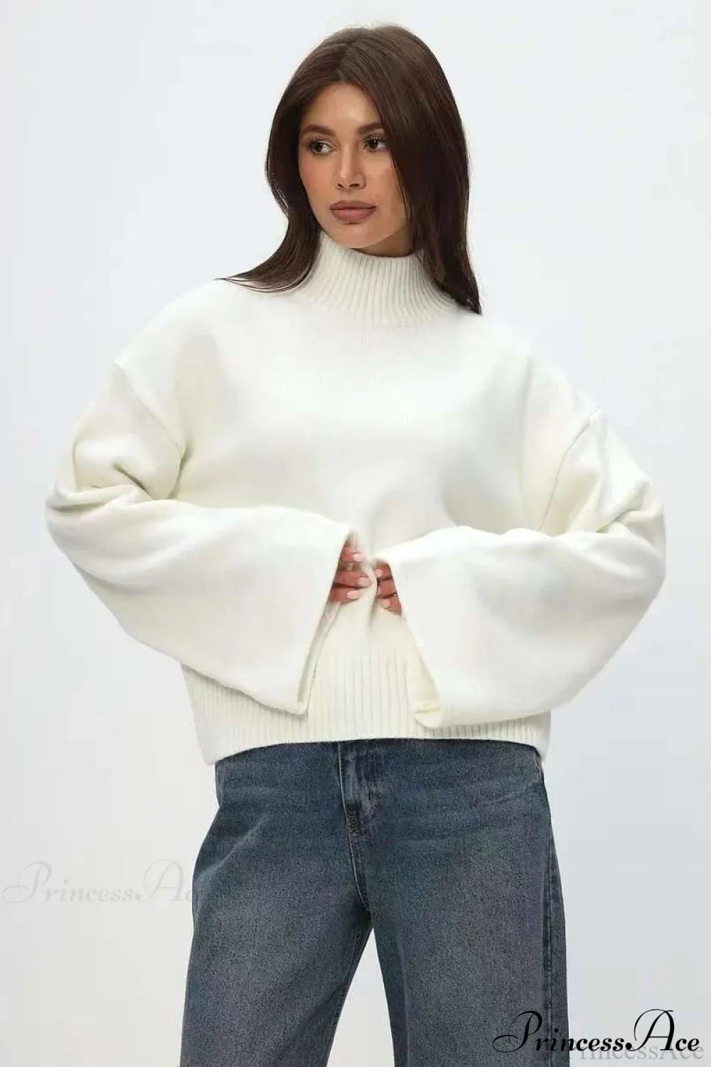 Mock Neck Bell-Sleeve Loose Short Sweater