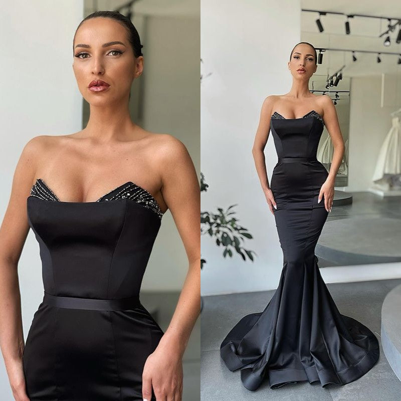 Moderne schwarze Meerjungfrauen-Ballkleider mit Perlenstickerei