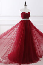 Vestido de fiesta largo moderno color burdeos con tul y cristales, vestido de noche con escote corazón