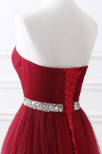 Vestido de fiesta largo moderno color burdeos con tul y cristales, vestido de noche con escote corazón