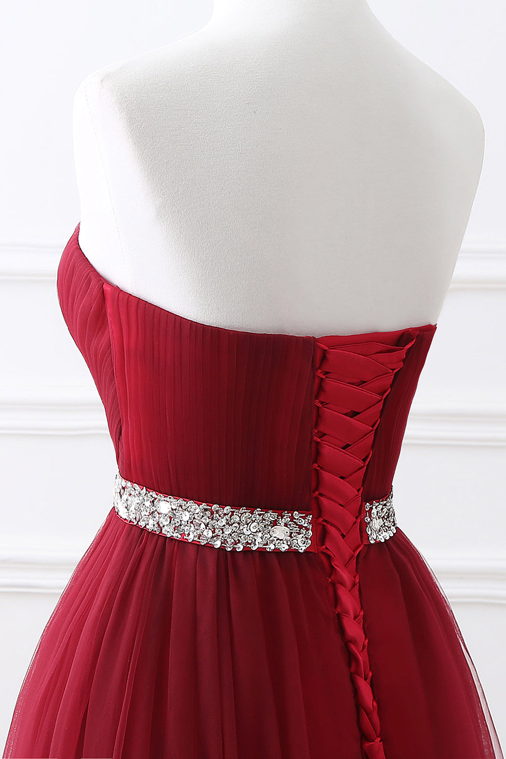 Vestido de fiesta largo moderno color burdeos con tul y cristales, vestido de noche con escote corazón