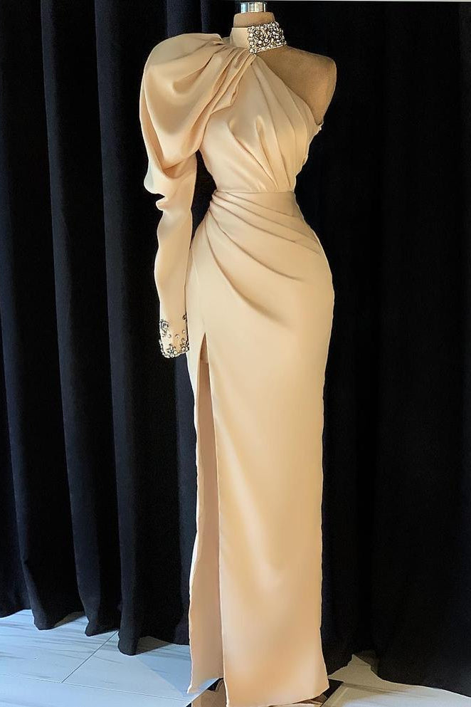 Vestido de fiesta moderno de sirena con cuello alto, manga larga y cristales, con abertura