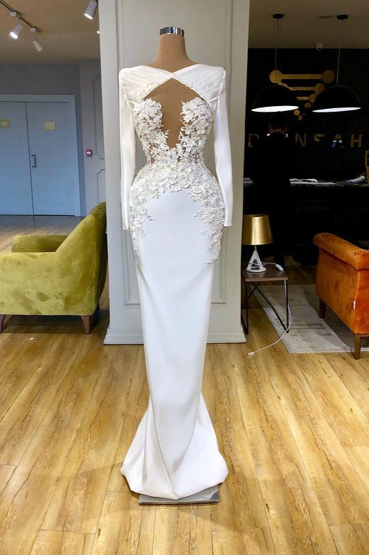 Modernes, langes Meerjungfrauen-Abendkleid mit Spitzenapplikationen und langen Ärmeln