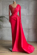 Vestido de noche moderno de sirena roja con apliques de encaje y volantes de manga larga