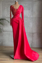 Vestido de noche moderno de sirena roja con apliques de encaje y volantes de manga larga