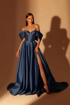 Modest Long Navy Blue A-line Off-the-shoulder Evening Prom Dresseses With Split Online