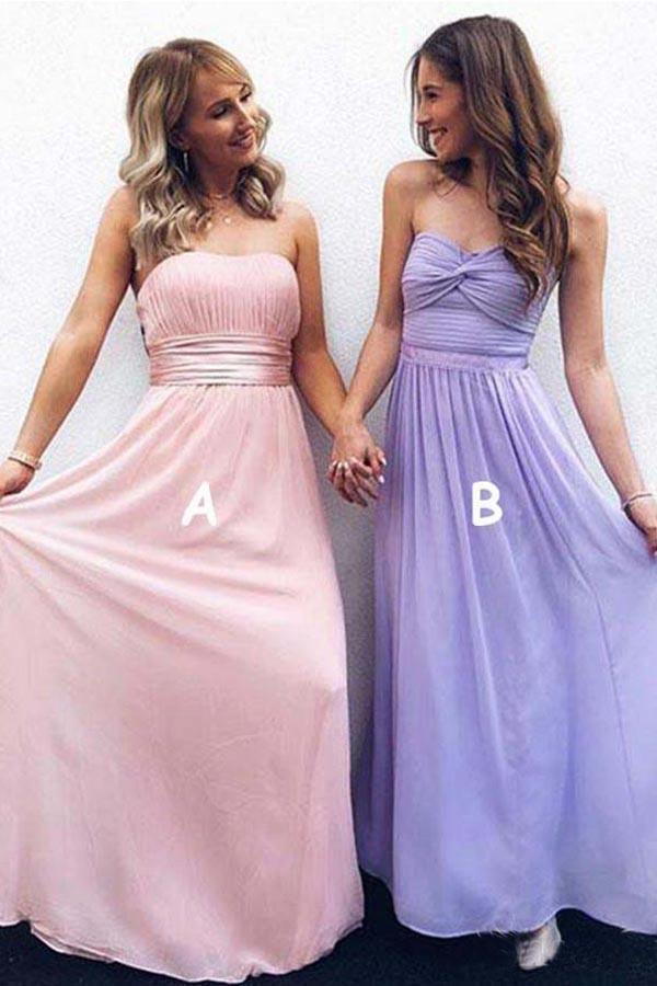 Vestido de dama de honor modesto, sin tirantes y fruncido, de gasa, para fiesta