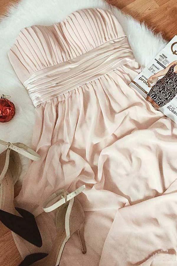 Vestido de dama de honor modesto, sin tirantes y fruncido, de gasa, para fiesta