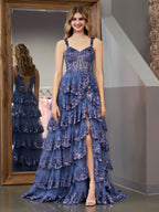 Vestido de fiesta estilo princesa, corte A, hombros descubiertos, corsé y volantes de encaje