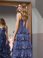 Vestido de fiesta estilo princesa, corte A, hombros descubiertos, corsé y volantes de encaje