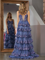 Vestido de fiesta estilo princesa, corte A, hombros descubiertos, corsé y volantes de encaje