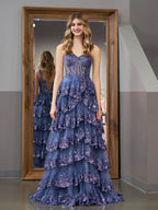 Vestido de fiesta estilo princesa, corte A, hombros descubiertos, corsé y volantes de encaje