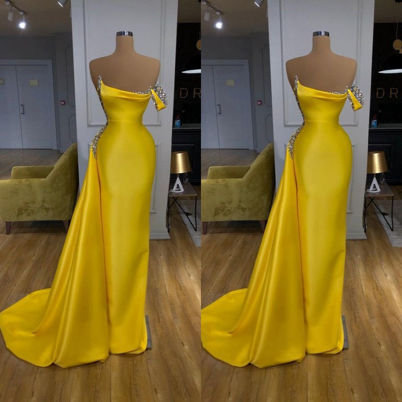 New Bright Yellow Mentallic Sequins Overskirt Prom Dress One shoulder