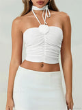 Off Shoulder 3D Flower Ruched Tube Crop Top