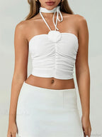 Off Shoulder 3D Flower Ruched Tube Crop Top