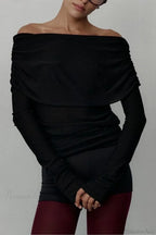Off-Shoulder Fitted Long-Sleeve Knit Top