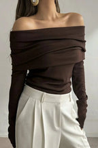 Off-Shoulder Fitted Long-Sleeve Knit Top