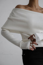 Off-Shoulder Fitted Long-Sleeve Knit Top
