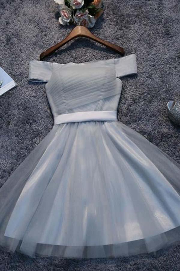 Vestidos de fiesta cortos de tul sin hombros, vestidos de regreso a casa