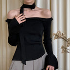 Off Shoulder Knit Crop Long Flare Sleeve Ruffle Trim Knit Top