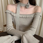 Off Shoulder Knit Crop Long Flare Sleeve Ruffle Trim Knit Top
