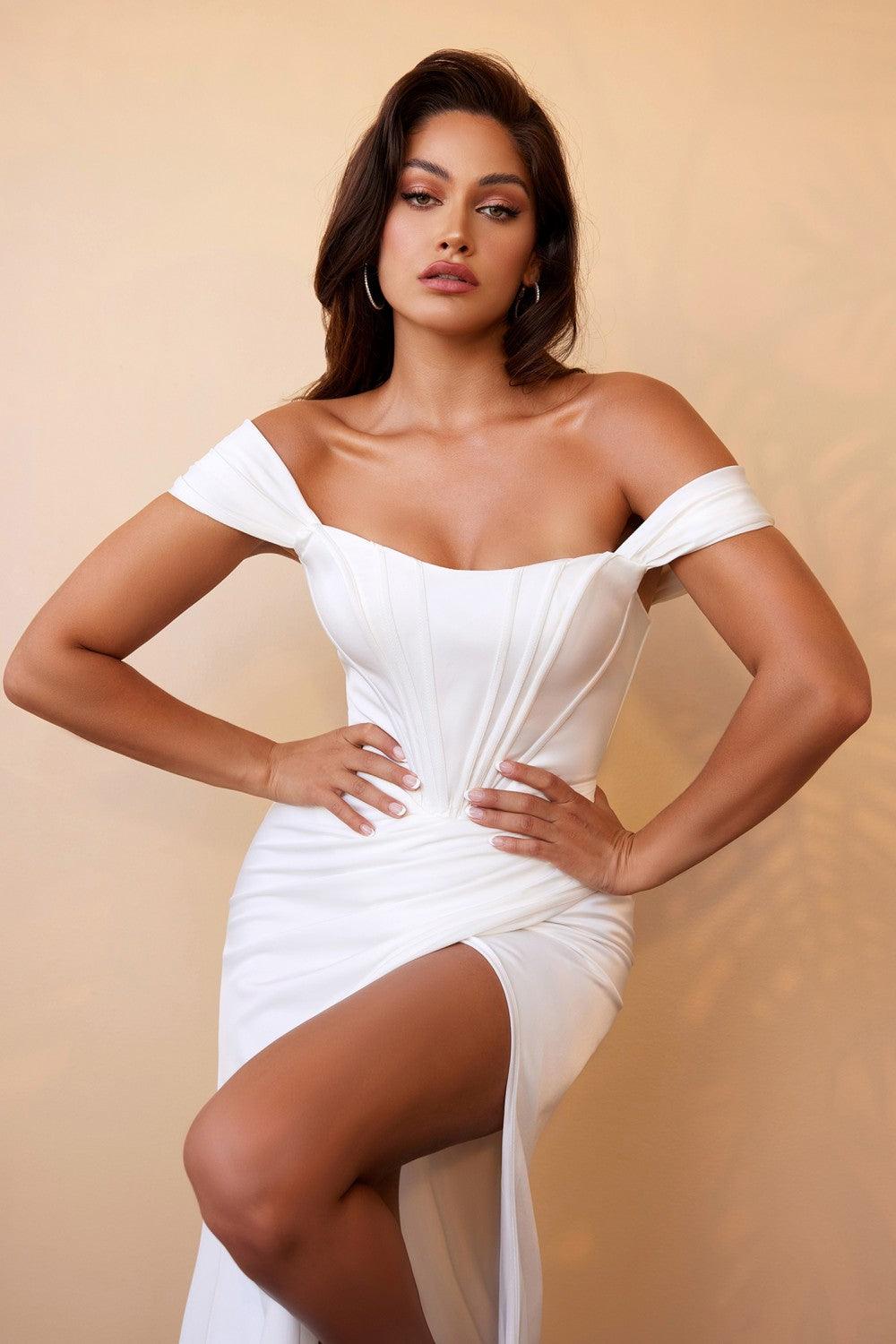 Off Shoulder Long Fitted Wedding Dress