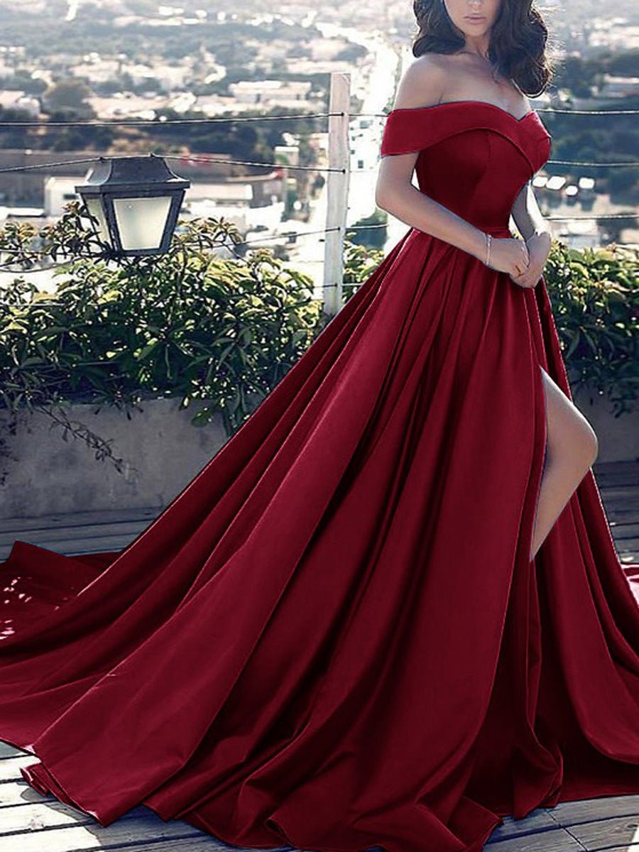 Schulterfreies langes, formelles Satin-Abendkleid mit Schlitz