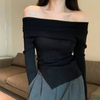 Off Shoulder Slim Slash Neck Long Sleeve Knit Top