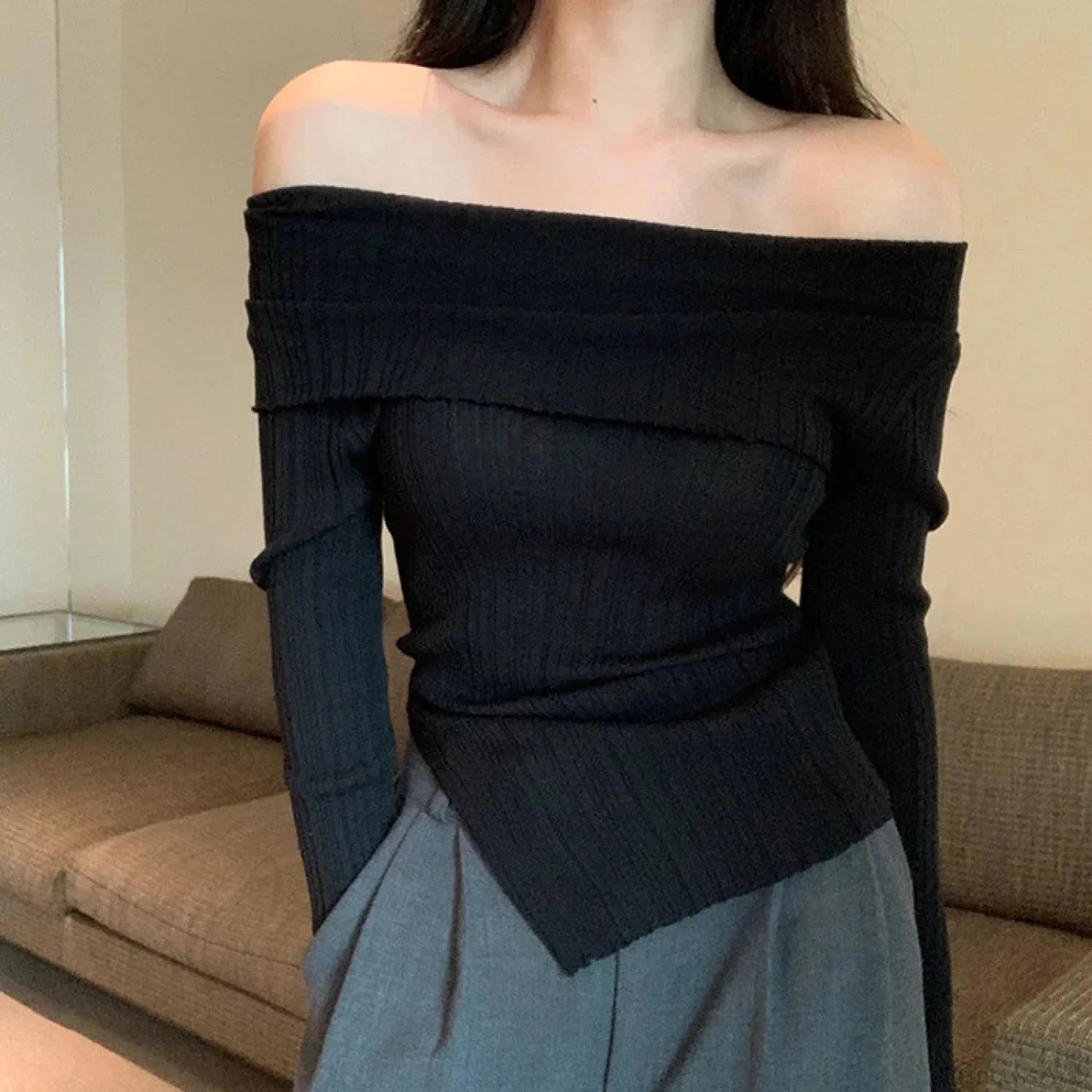 Off Shoulder Slim Slash Neck Long Sleeve Knit Top