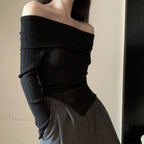 Off Shoulder Slim Slash Neck Long Sleeve Knit Top