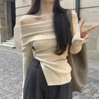 Off Shoulder Slim Slash Neck Long Sleeve Knit Top