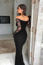 Off Shoulder Spliced Lace Trim Maxi Dress