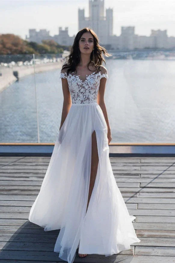 Off The Shoulder Appliques A-line Wedding Dresses | Side Split Tulle Bridal Gowns