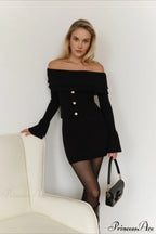 Off-the-Shoulder French Button-Panel Knit Sweater