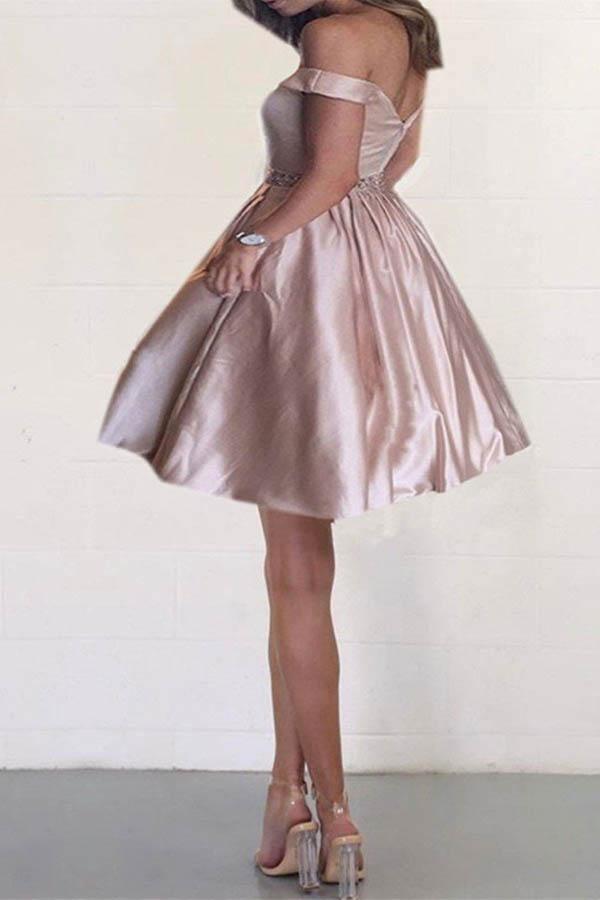 Off the Shoulder Satin Beaded Homecoming Dresses with Pocket