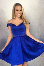 Off the Shoulder Satin Beaded Homecoming Dresses with Pocket