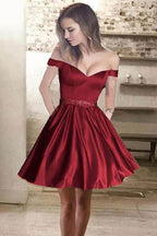 Off the Shoulder Satin Beaded Homecoming Dresses with Pocket