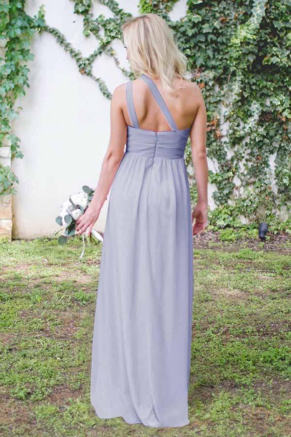 Vestido de dama de honor de gasa gris, largo hasta el suelo, con un solo hombro y espalda abierta