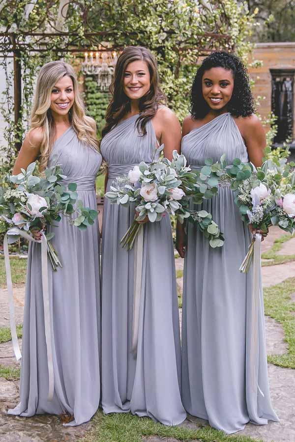 Vestido de dama de honor de gasa gris, largo hasta el suelo, con un solo hombro y espalda abierta